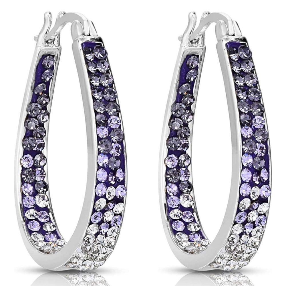 14K White Gold Amethyst and Diamond Crystal U Shape French Lock Hoop Earrings